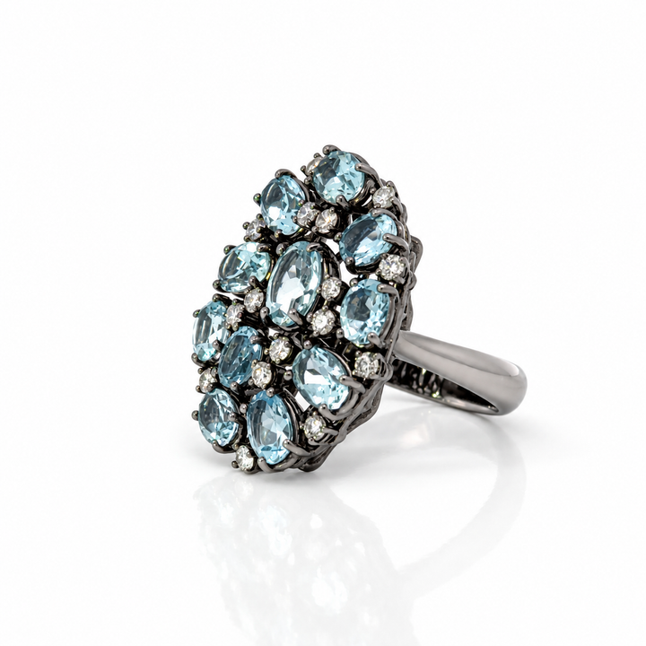 18K white gold aquamarine and diamond black rhodium statement ring front view