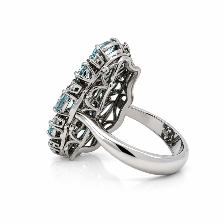 18K white gold aquamarine and diamond black rhodium statement ring side view