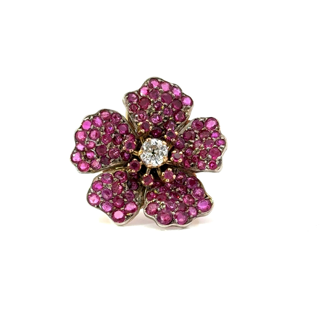 18K yellow gold ruby and diamond flower ring – front view