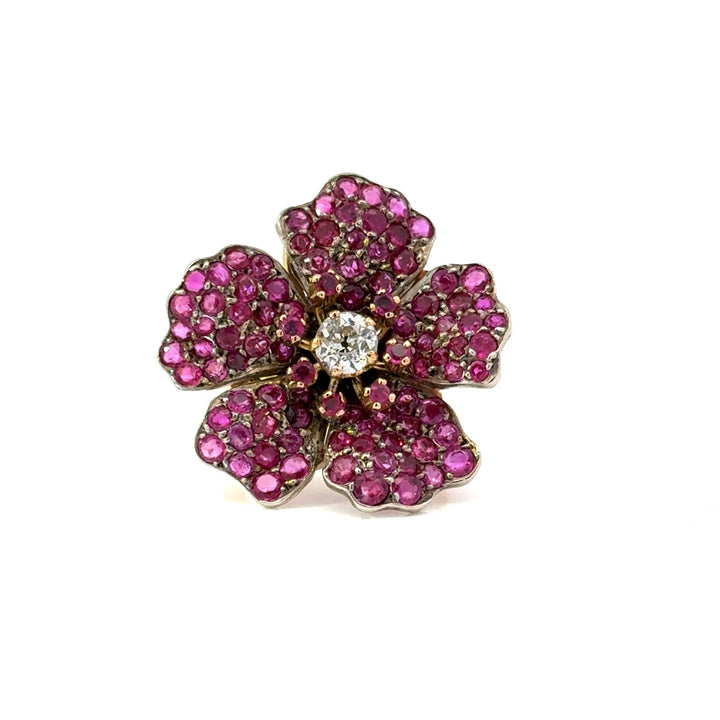 18K yellow gold ruby and diamond flower ring – front view