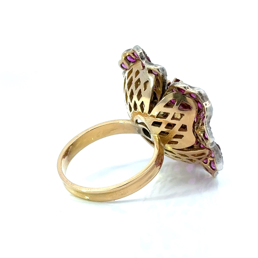 18K yellow gold ruby and diamond flower ring – side view