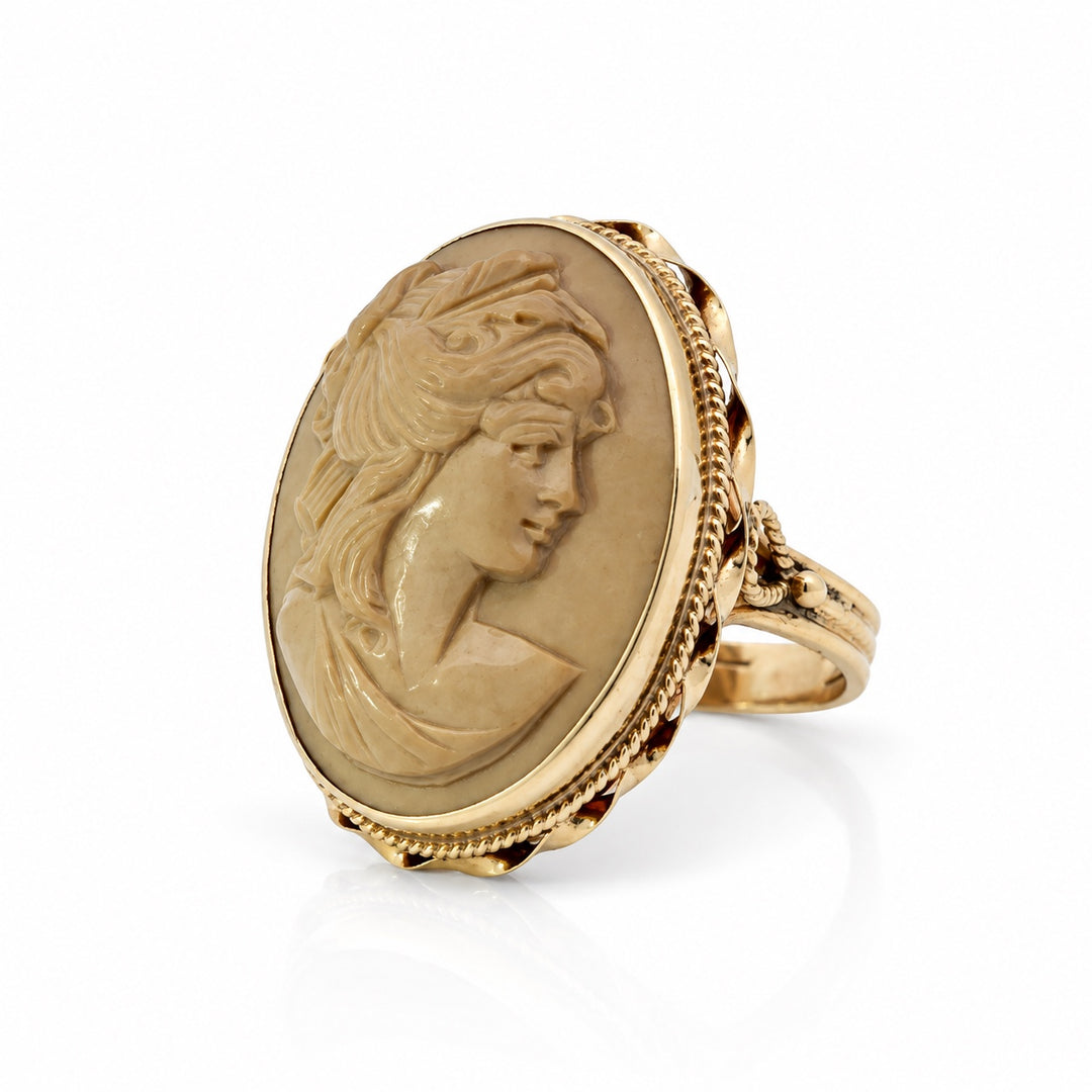 14K yellow gold lava stone cameo ring angled view