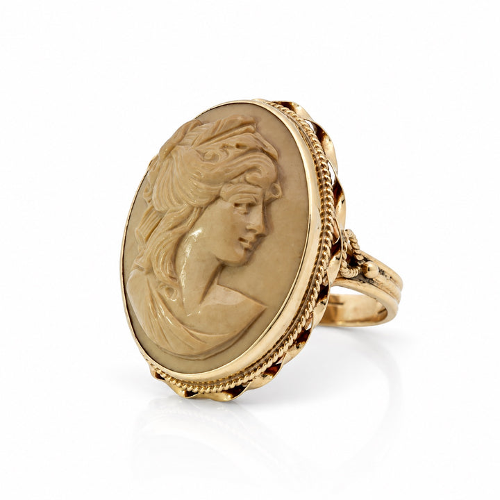 14K yellow gold lava stone cameo ring angled view