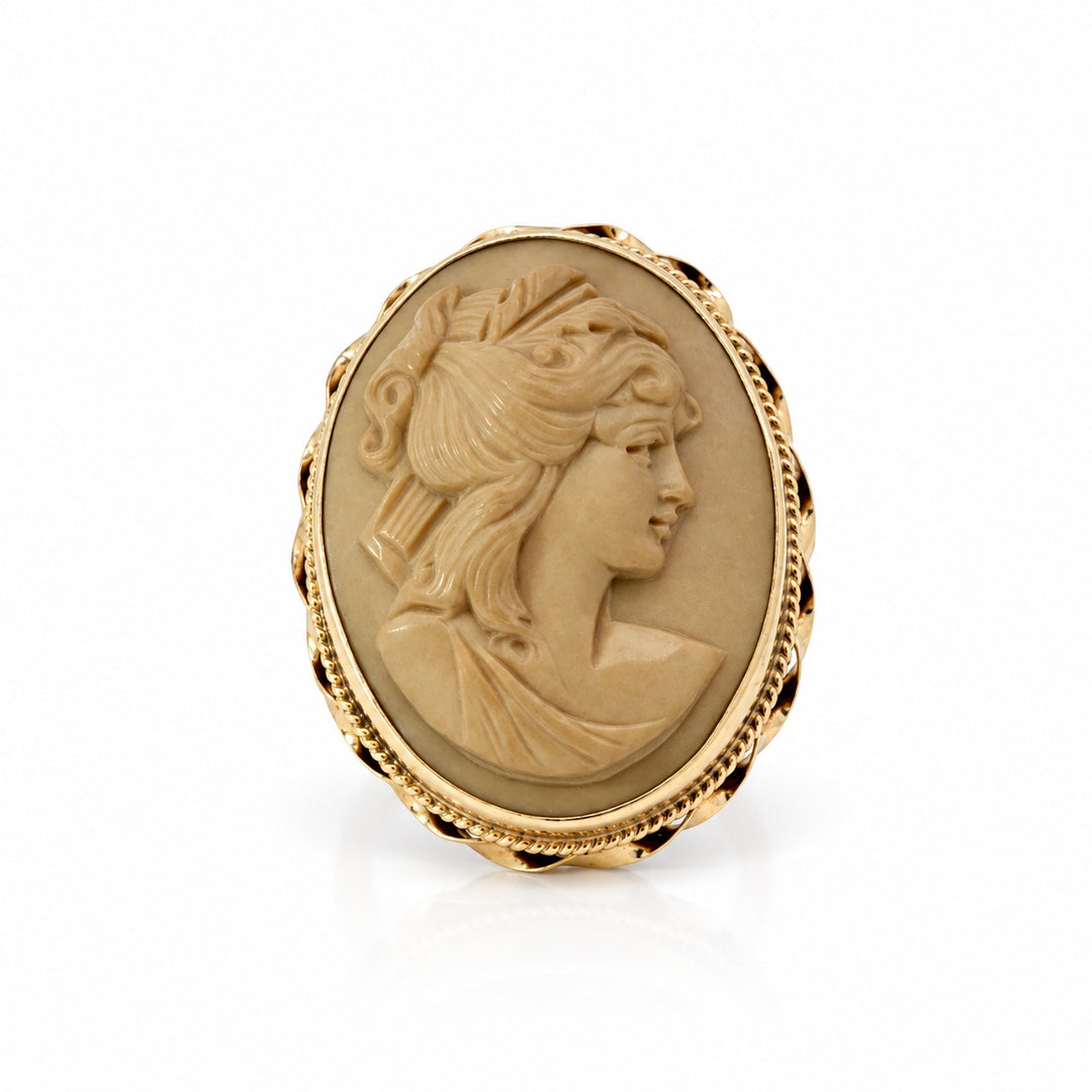14K yellow gold lava stone cameo ring front view