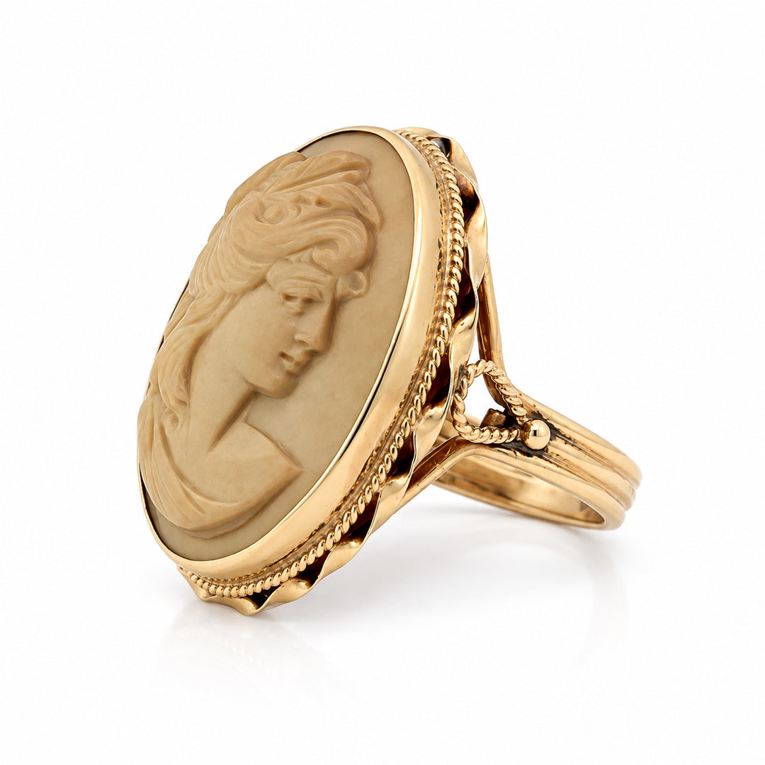14K yellow gold lava stone cameo ring side view