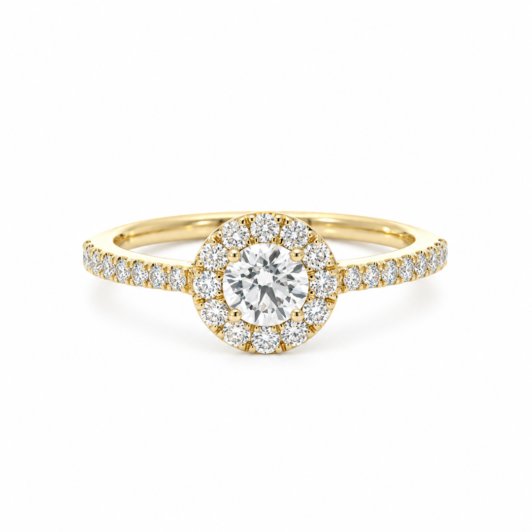 Estate round diamond halo ring in 14K yellow gold, front view