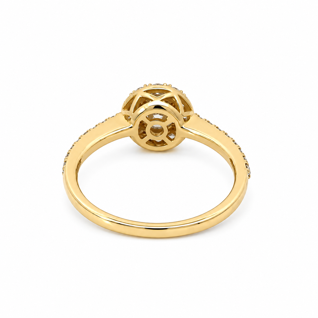 Estate round diamond halo ring in 14K yellow gold, gallery view