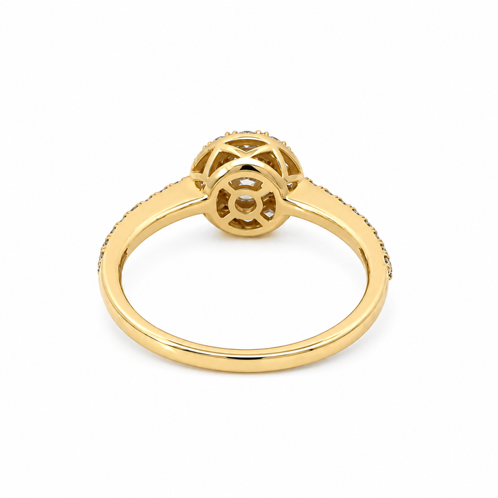 Estate round diamond halo ring in 14K yellow gold, gallery view