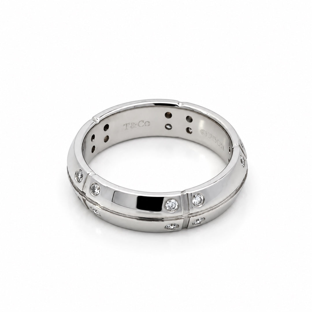 Tiffany & Co. Streamerica diamond band ring in 18K white gold, angled view