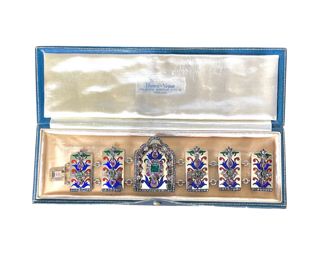 Diamond, Emerald and Ruby Polychrome Enamel and 18k Gold Vintage Bracelet
