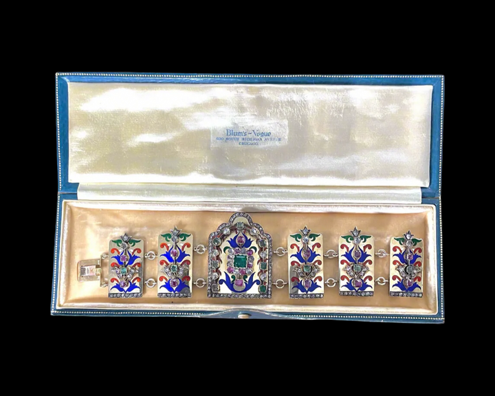 Diamond, Emerald and Ruby Polychrome Enamel and 18k Gold Vintage Bracelet