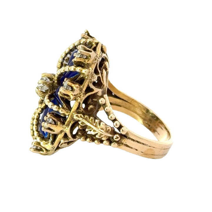 Diamond, Blue Enamel and 14K Yellow Gold Antique Ring