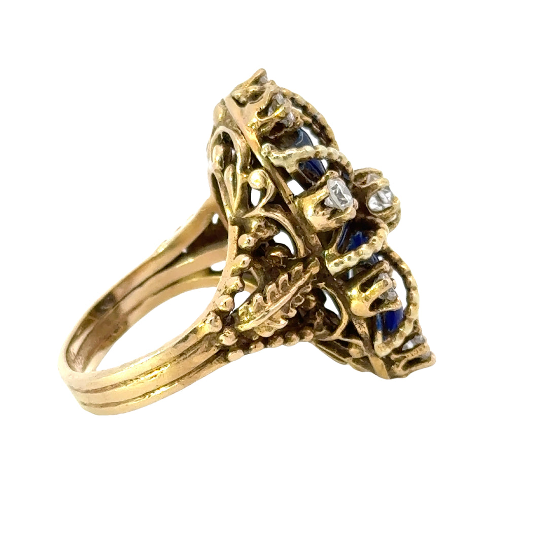 Diamond, Blue Enamel and 14K Yellow Gold Antique Ring