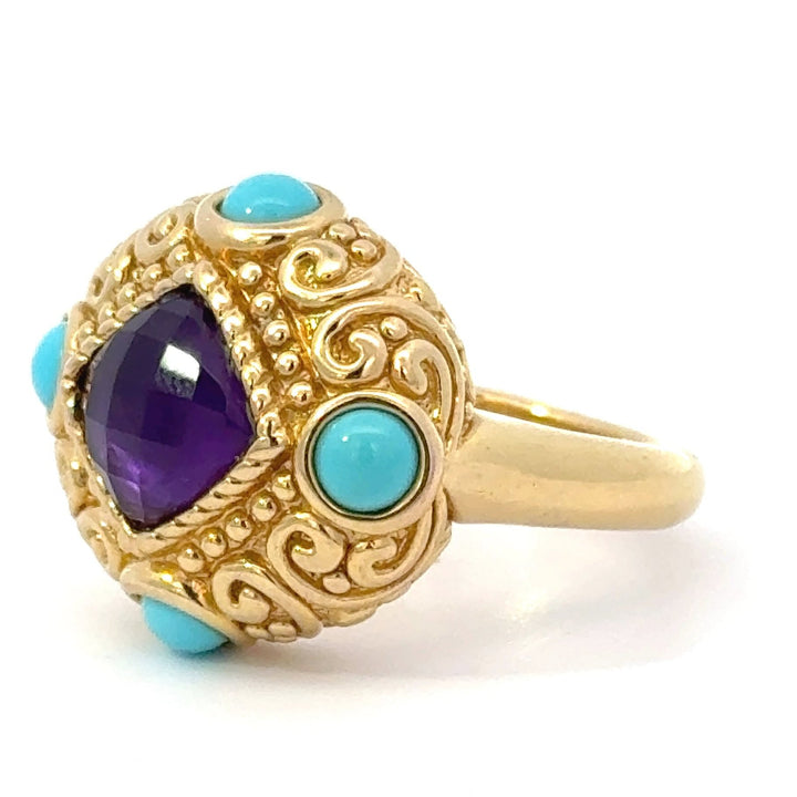 Turquoise, Amethyst and 14K Yellow Gold Ring