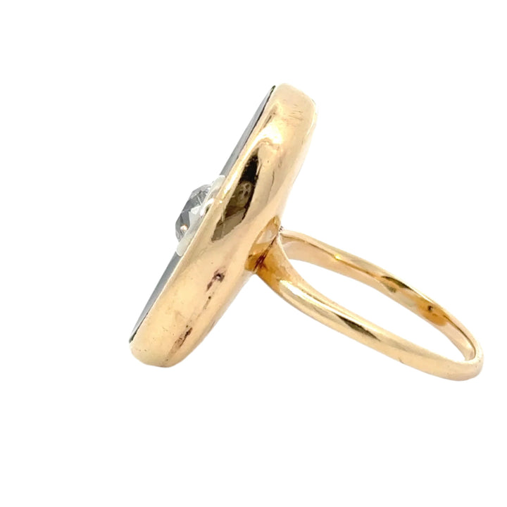 Old European Cut Diamond, Black Onyx in 14K Yellow Gold Vintage Ring
