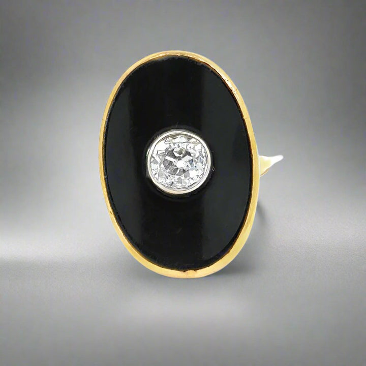 Old European Cut Diamond, Black Onyx in 14K Yellow Gold Vintage Ring