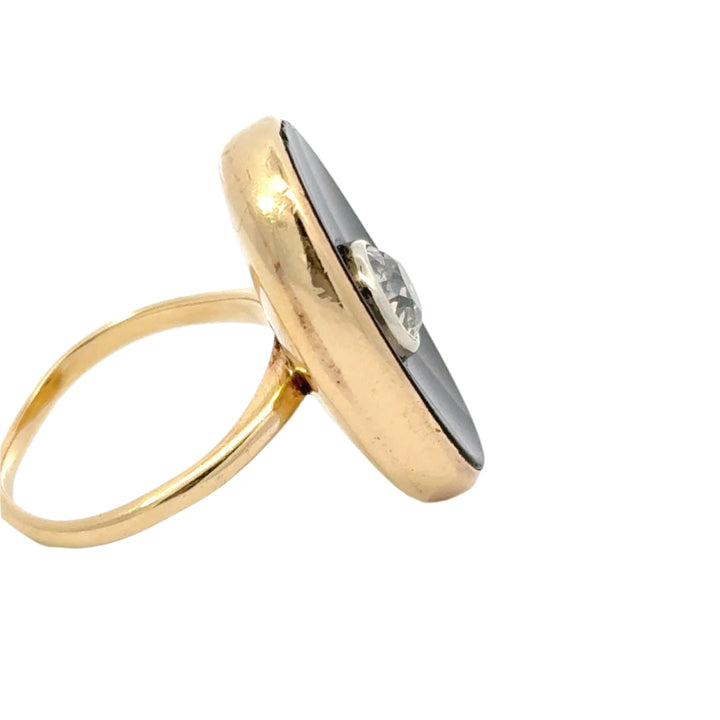Old European Cut Diamond, Black Onyx in 14K Yellow Gold Vintage Ring