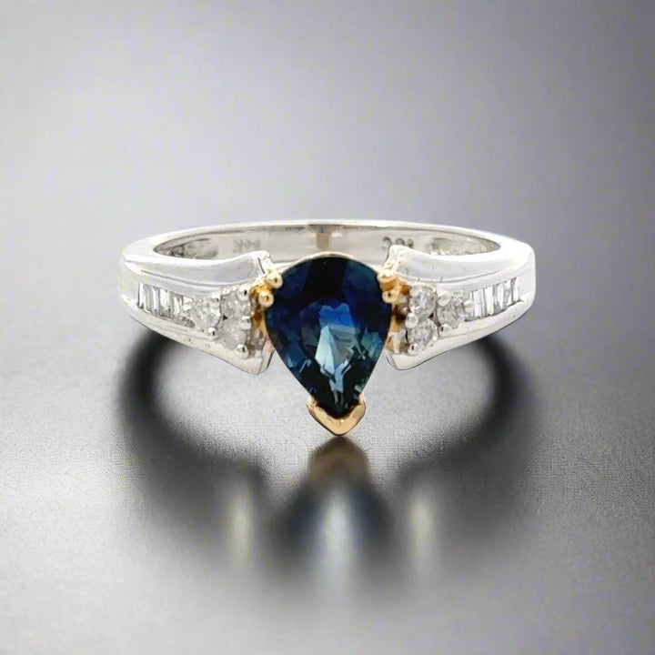Pear Sapphire, Diamond and 14K Gold Ring
