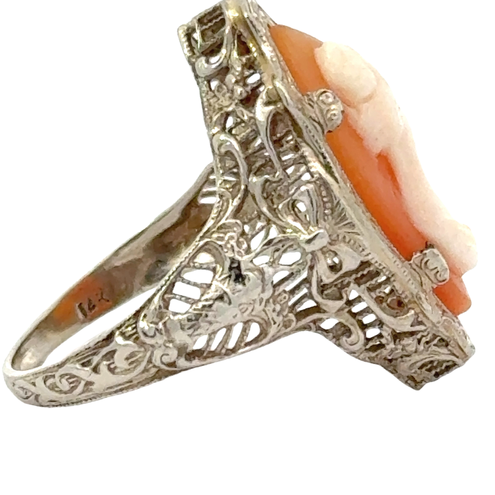 Antique Cameo Filigree 14K White Gold Ring