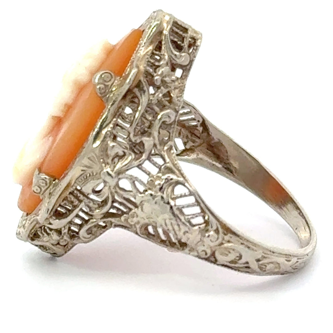 Antique Cameo Filigree 14K White Gold Ring