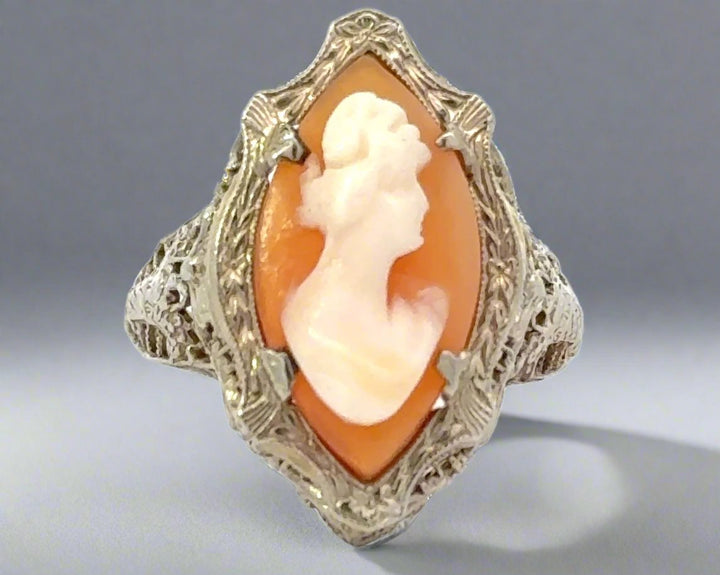 Antique Cameo Filigree 14K White Gold Ring
