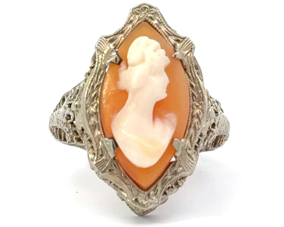 Antique Cameo Filigree 14K White Gold Ring