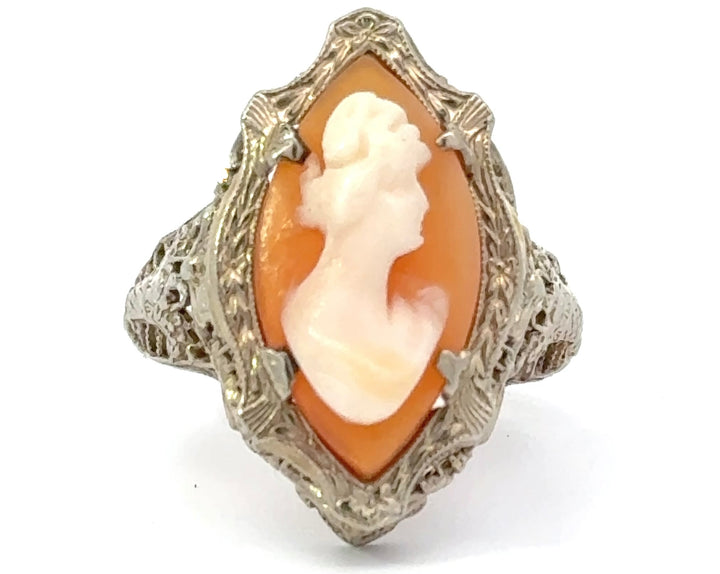 Antique Cameo Filigree 14K White Gold Ring