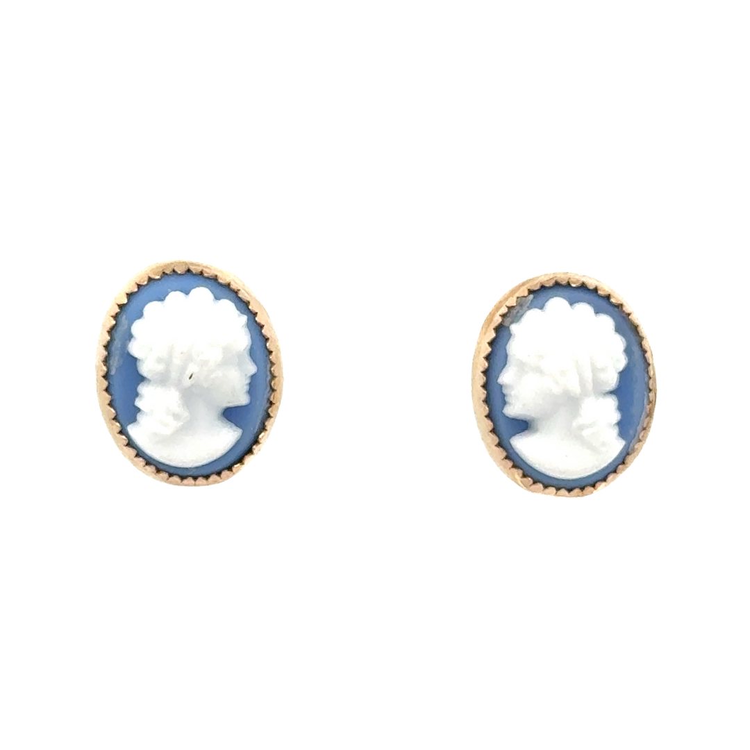 Blue and White 14K Yellow Gold Cameo Vintage Earrings