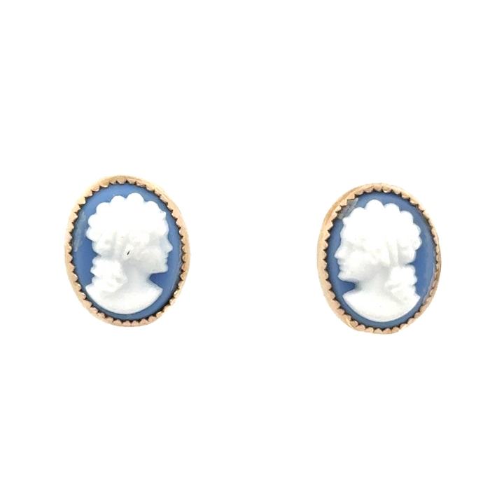 Blue and White 14K Yellow Gold Cameo Vintage Earrings