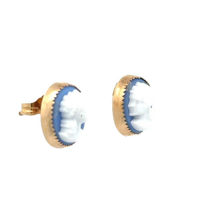 Blue and White 14K Yellow Gold Cameo Vintage Earrings