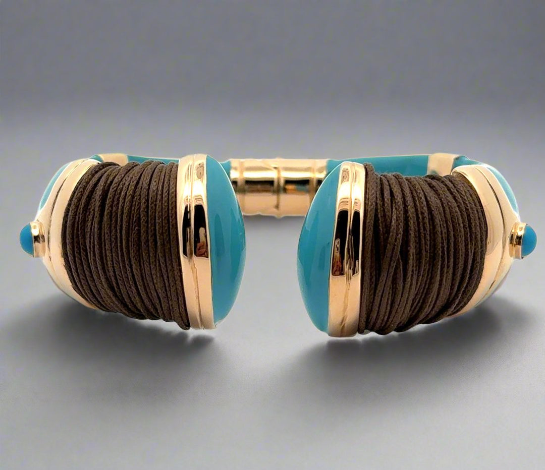 Annibale Baldini Italian Turquoise Enamel, Leather and Cabochon Bangle Bracelet