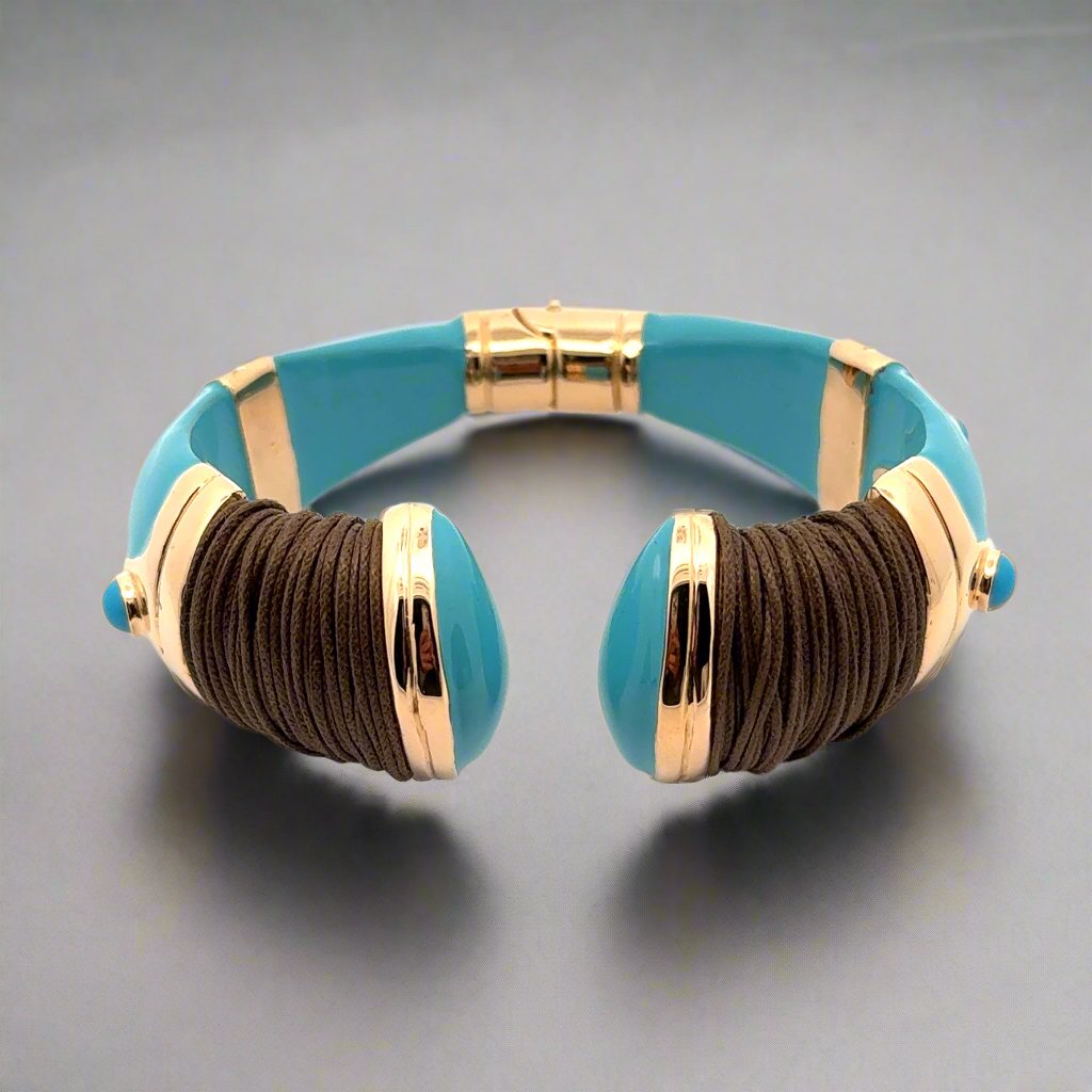 Annibale Baldini Italian Turquoise Enamel, Leather and Cabochon Bangle Bracelet