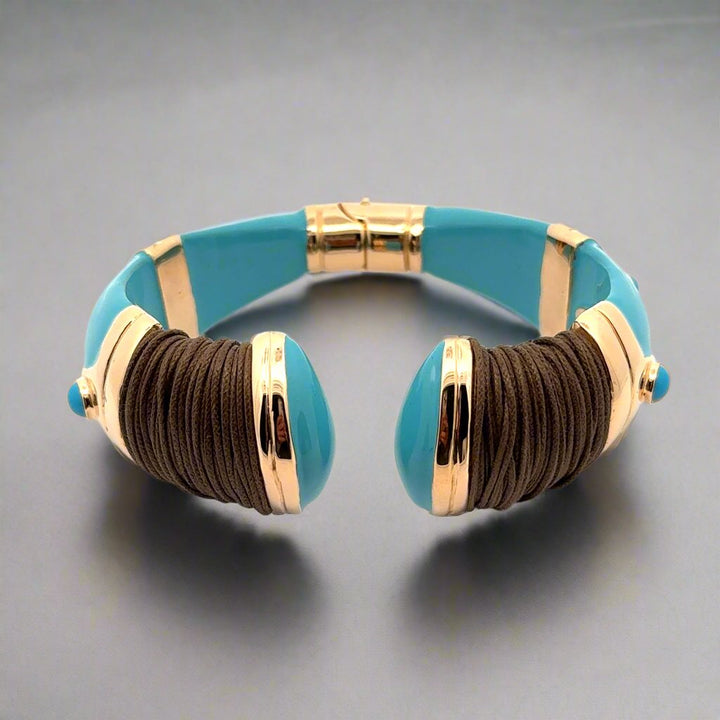 Annibale Baldini Italian Turquoise Enamel, Leather and Cabochon Bangle Bracelet