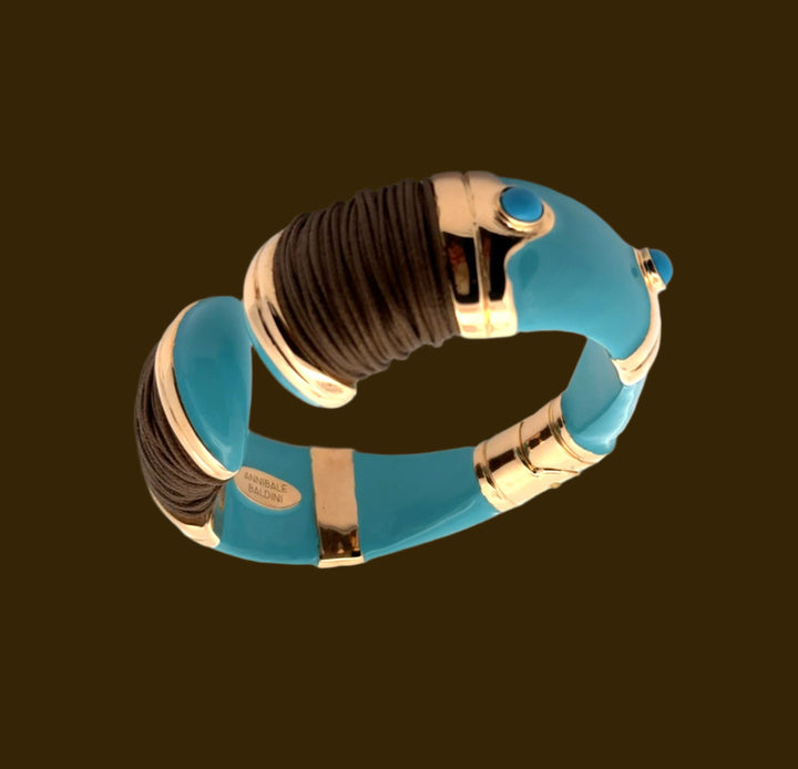Annibale Baldini Italian Turquoise Enamel, Leather and Cabochon Bangle Bracelet