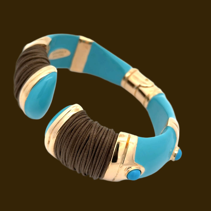 Annibale Baldini Italian Turquoise Enamel, Leather and Cabochon Bangle Bracelet