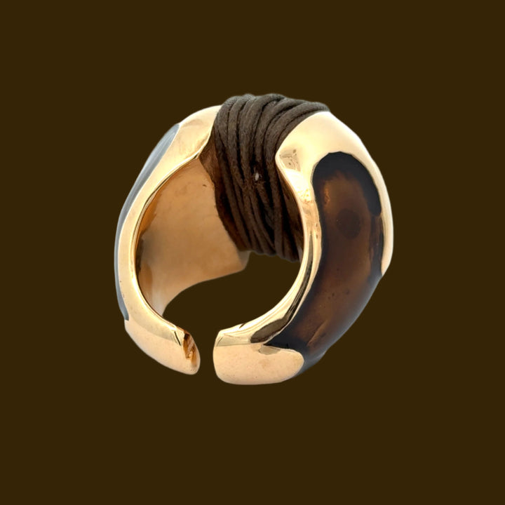 Annibale Baldini Italian Brown Enamel and Leather Statement Ring