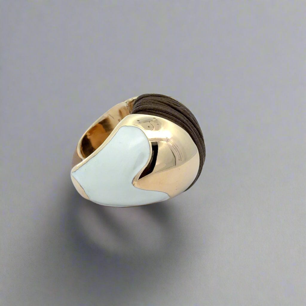Annibale Baldini Italian White Enamel and Leather Statement Ring