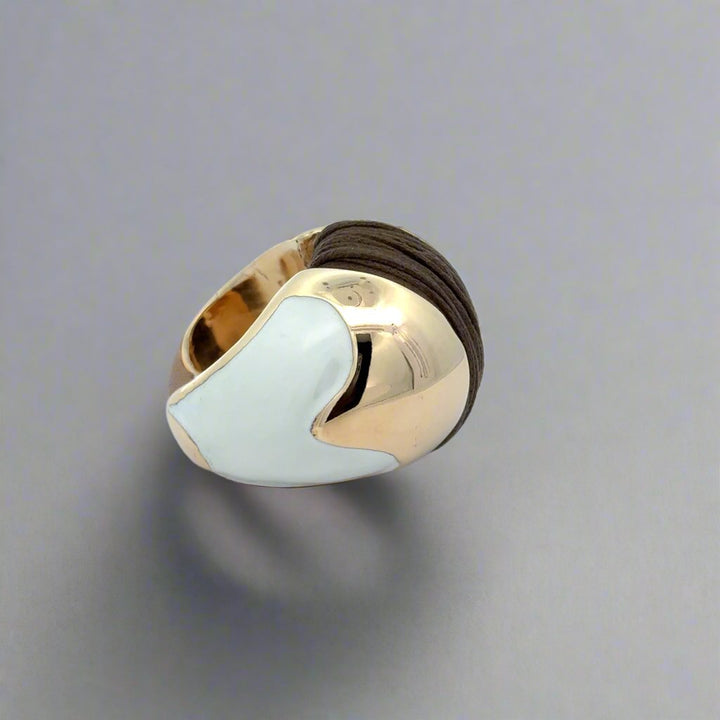 Annibale Baldini Italian White Enamel and Leather Statement Ring