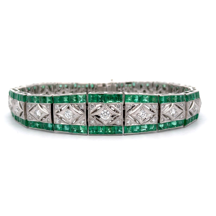 Emerald and 1.24 Carat Diamond Art Deco Style Bracelet