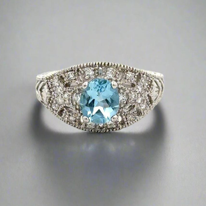 Oval Aquamarine and Diamond 14K White Gold Estate Ring