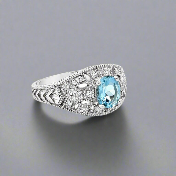 Oval Aquamarine and Diamond 14K White Gold Estate Ring
