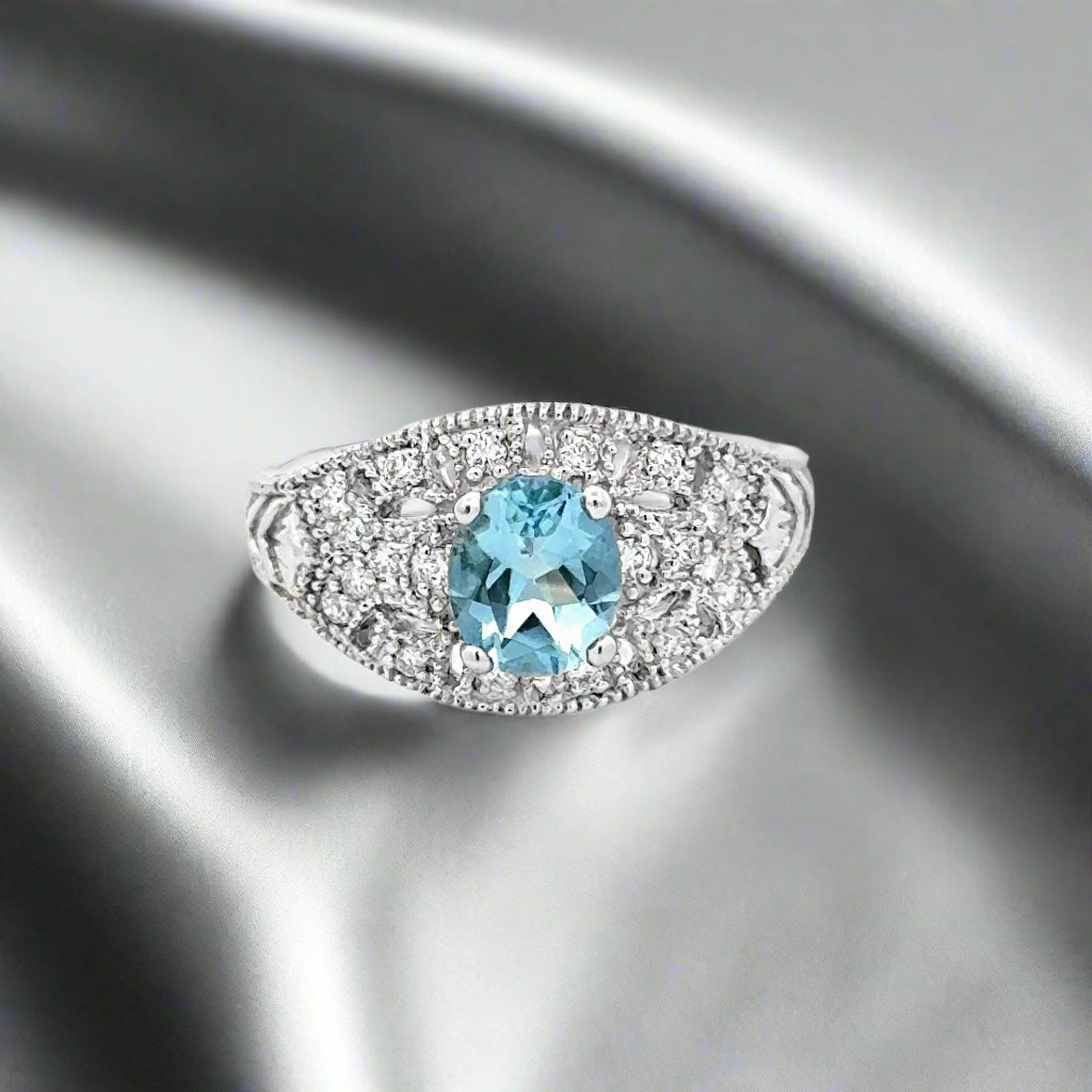 Oval Aquamarine and Diamond 14K White Gold Estate Ring
