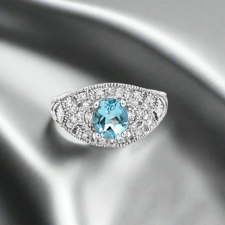 Oval Aquamarine and Diamond 14K White Gold Estate Ring