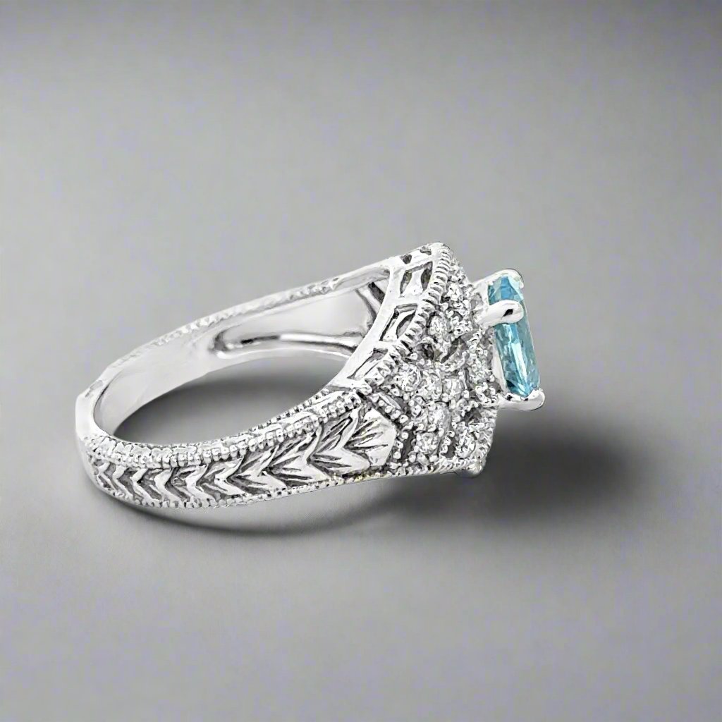Oval Aquamarine and Diamond 14K White Gold Estate Ring