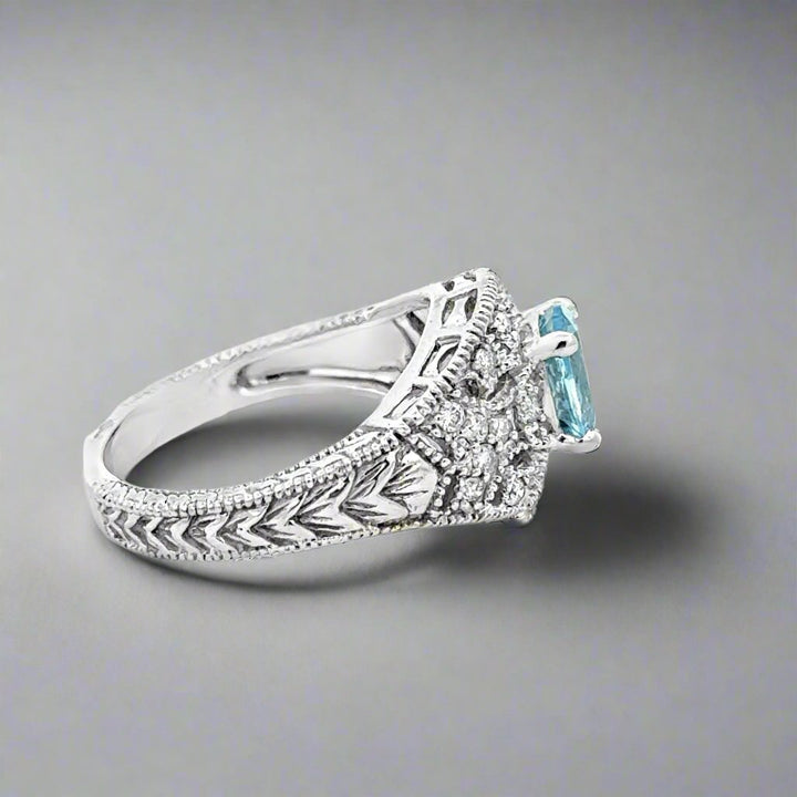 Oval Aquamarine and Diamond 14K White Gold Estate Ring