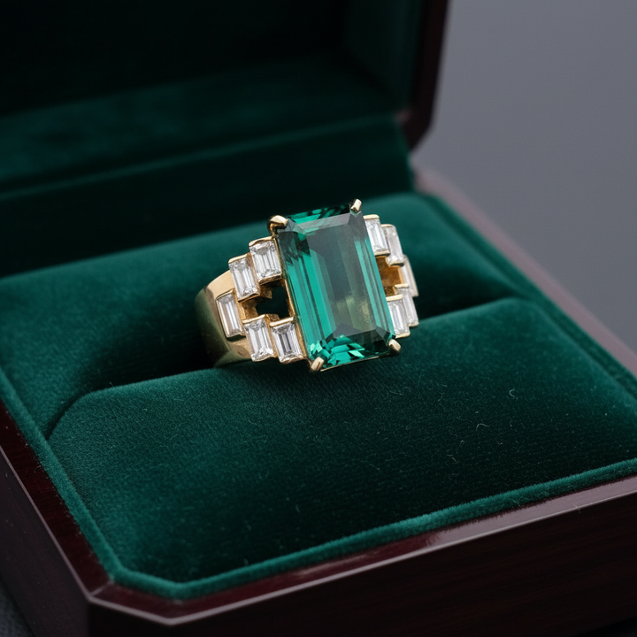 Green Tourmaline, Diamond, and 18K Yellow Gold Statement Ring
