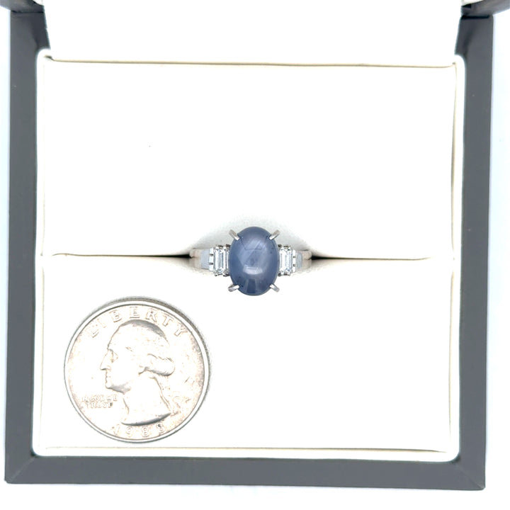 Star Sapphire, Diamond and Platinum 3-Stone Ring