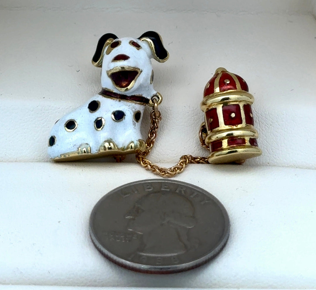 Estate Italian Dalmatian & Hydrate Black/White/Red Enamel Double Brooch 15556