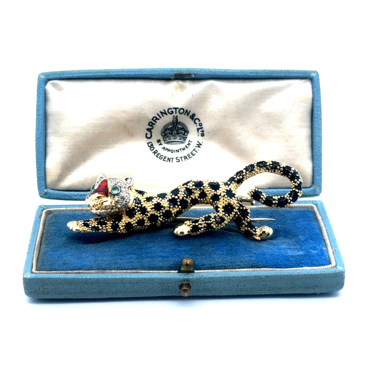 Estate Italian Designer Frederique Constant Modele Diamond Emerald Red & Black Enamel Panther Brooch 15559