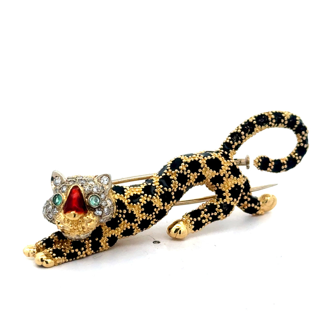 Estate Italian Designer Frederique Constant Modele Diamond Emerald Red & Black Enamel Panther Brooch 15559